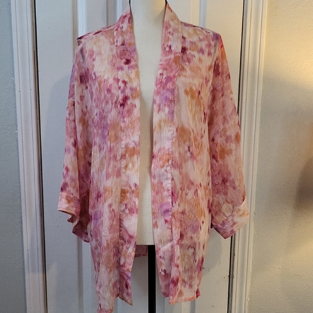 Molly And Isadora Sheer Open Cardigan With Metallic Thread